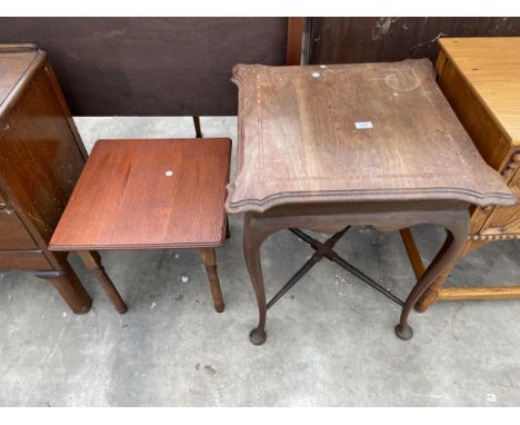 AN EDWARDIAN MAHOGANY AND INLAID CENTRE TABLE AND A SMALL OAK LAMP TABLE 