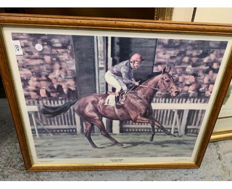 A FRAMED PRINT OF BRIGADIER GERARD AND JOE MERCER BY NEIL CAWTHORNE, 69CM X 55CM 