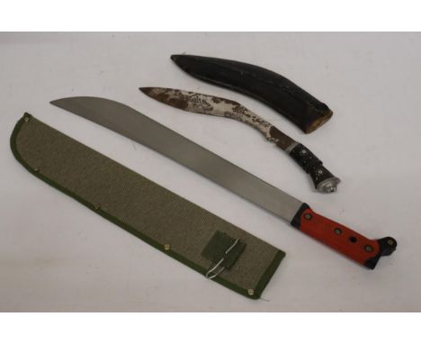 A VINTAGE GURKAH KUKRI KNIFE AND A MACHETE, BOTH IN SHEATHS 