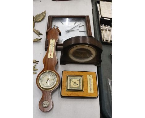 A MIXED LOT TO INCLUDE A VINTAGE FLEGES QUARTZ WALL CLOCK WITH FURTHER MANTLE CLOCK AND TWO BAROMETERS 