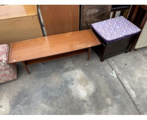 A RETRO TEAK COFFEE TABLE AND OAK PIANO STOOL 