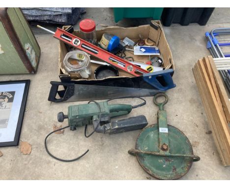 AN ASSORTMENT OF TOOLS AND HARDWARE TO INCLUDE A BELT SANDER AND A PULLEY WHEEL ETC 