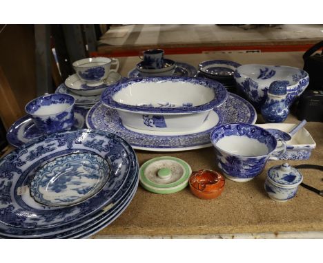 A LARGE COLLECTION OF VINTAGE BLUE AND WHITE MALING CERAMICS TO INCLUDE PLATES, BOWLS, CUPS, ETC 