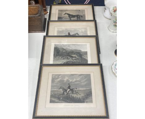 FOUR VINTAGE FRAMED HUNTING PRINTS, CLEARING THE FENCE, FOX BREAKING COVER, THE MASTER OF THE HOUNDS AND RACE HORSE 
