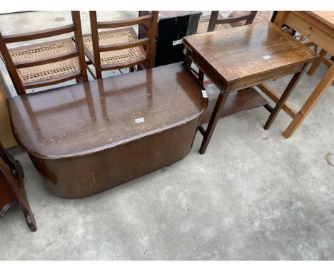 A SMALL OAK SIDE TABLE WITH GLASS BASE AND LINEN CHEST 