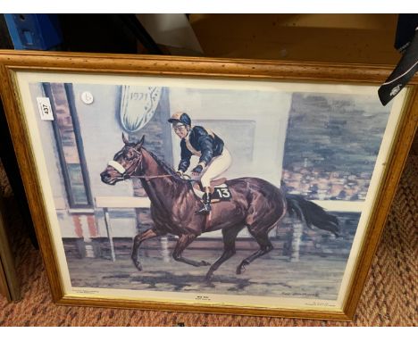 A FRAMED PRINT OF MILL REEF AND GEOFF LEWIS, BY NEIL CAWTHORNE, 69CM X 55CM 