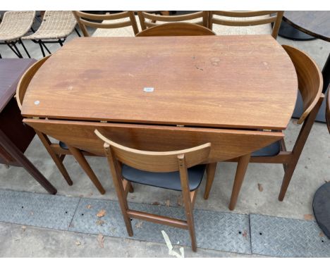 A TETRO TEAK DROP LEAF DINING TABLE 44" DIAMETER AND FOUR CHAIRS 