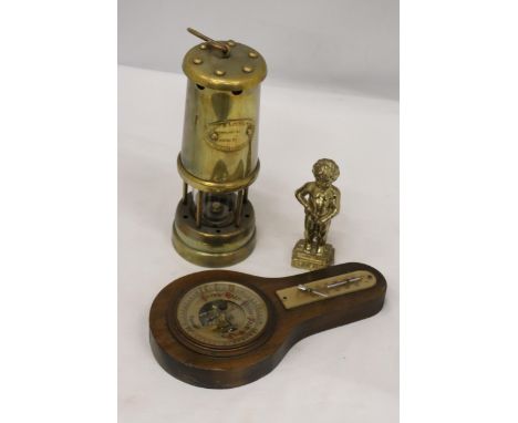 A BRASS MINER'S LAMP TOGETHER WITH A BAROMETER AND BRASS FIGURE 