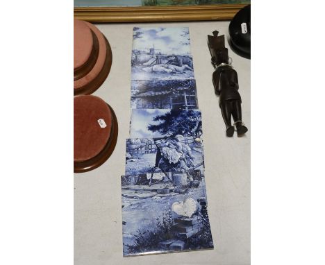 SIX VINTAGE BLUE AND WHITE, FARMING THEMED WALL TILES 