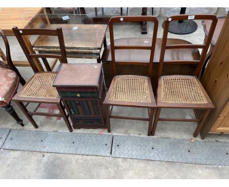 THREE EDWARDIAN BEDROOM CHAIRS AND A BEDSIDE TABLE 