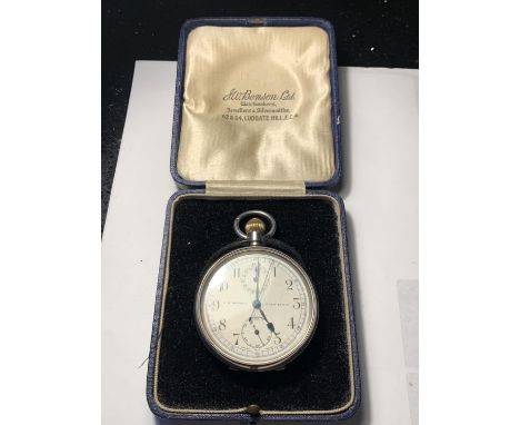 A MARKED SILVER J W BENSON POCKET WATCH IN ORIGINAL PRESENTATION BOX SEEN WORKING BUT NO WARRANTY 