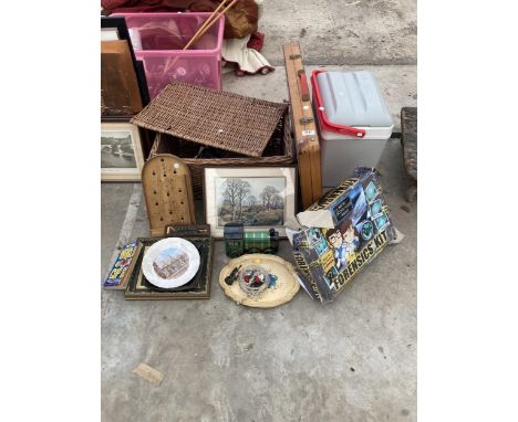 AN ASSORTMENT OF ITEMS TO INCLUDE A WICKER BASKET, BADGES AND A PICNIC TABLE ETC 