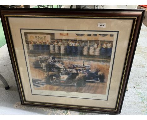 A LIMITED EDITION FRAMED LITHOGRAPH FLYING FINISH 139/500 BY JUAN CARLOS FERRIGNO WITH SIGNED MIKA HAKKINEN ,RON DENNIS & ART