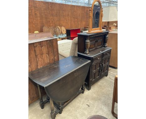 A REPRODUCTION COURT CUPBOARD, GATE LEG DINING TABLE AND PINE DRESSING MIRROR 