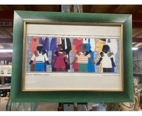 A FRAMED PRINT, 'LEAVE NO CHILD BEHIND', 50CM X 37CM BY VARNETTE P HONEYWOOD 1993 