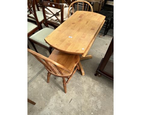 A WOOD BLOCK KITCHEN TABLE 36" DIAMETER AND TWO CHAIRS 