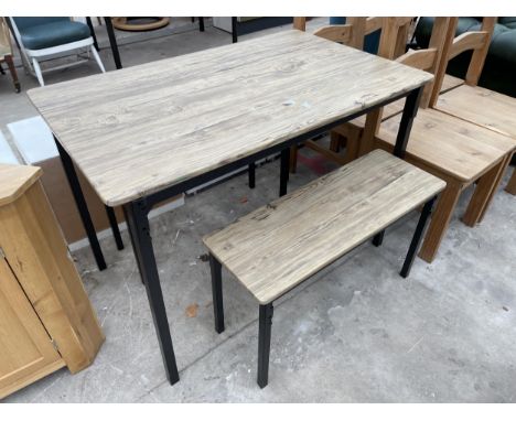 A MODERN WOOD EFFECT KITCHEN TABLE ON METAL FRAME WITH TWO BENCHES 