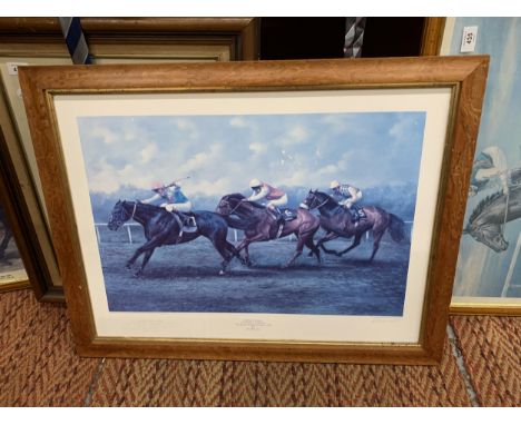 A LIMITED EDITION, 355/850, PRINT OF WARNING WINNING THE QE11 IN 1988, SIGNED BY JOCKEY PAT EDDERY AND ARTIST, 78CM X 60CM 