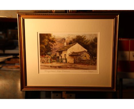 A FRAMED PRINT, 'GINGERBREAD SHOP, GRASMERE, SIGNED JUDY BOYES, 39CM X 32CM 