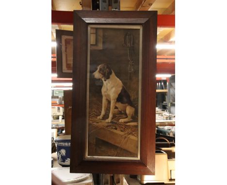 A VINTAGE PRINT OF A DOG IN A STABLE, 41CM X 80CM 