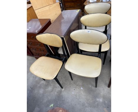 A RETRO FORMICA TOP DROP LEAF KITCHEN TABLE AND FOUR CHAIRS WITH BLACK PAINTED LEGS AND SUPPORTS 