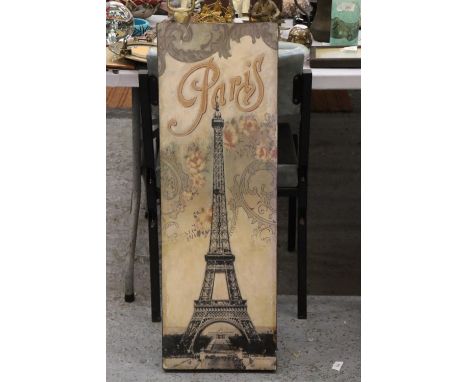 A PRINT ON BOARD OF THE EIFFEL TOWWER, PARIS, 91CM X 30CM 