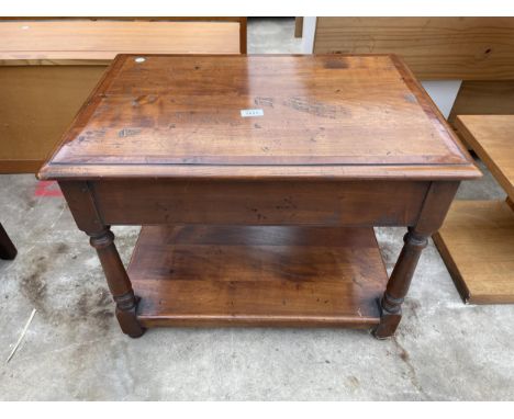 A RERODUCTION ELM AND YEW WOOD CROSSBANDED TWO TIER TABLE WITH SINGLE DRAWER 26" X 18" 