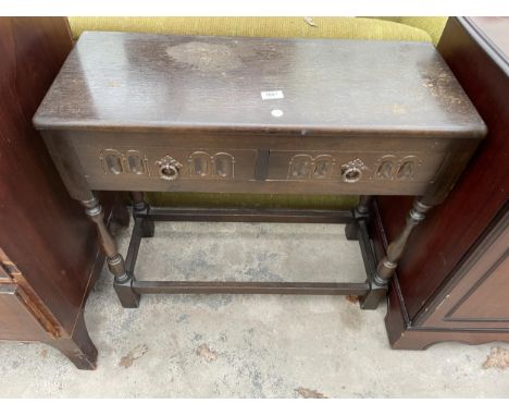 A REPRODUCTION OAK TWO DRAWER SIDE TABLE - 30 INCH WIDE 