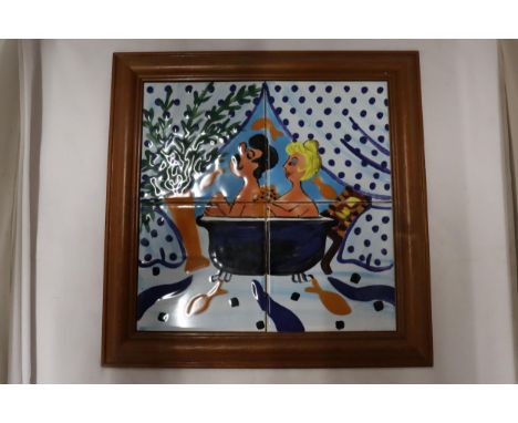 A FRAMED TILE OF A BATHROOM SCENE, 40CM X 40CM 