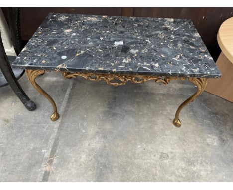 A MODERN GILT METAL COFFEE TABLE WITH MARBLE TOP - 30 X 18 INCH 