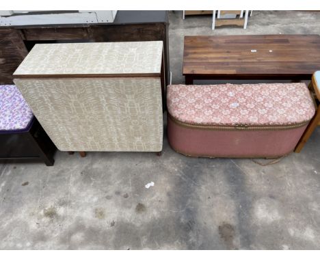 A LLOYD LOOM STYLE OTTOMAN AND FORMICA TOP DROP LEAF TABLE 