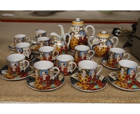 AN ORIENTAL TEASET TO INCLUDE A TEAPOT, SUGAR BOWL, CREAM JUG, CUPS AND SAUCERS 