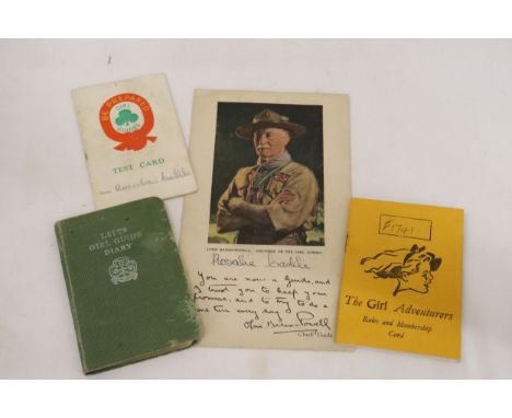 A QUANTITY OF GIRL GUIDES EPHEMERA TO INCLUDE A CARD SIGNED BY OLAVE BADEN-POWELL 