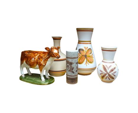 David Sharp, an Ayrshire cow produced for Bayer, and three Cinque Ports Rye vases and a carafe, largest 28cm high. Condition 