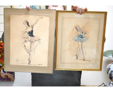 After Frederic Menkes (French, 20th. C), pair of colour prints, Studies of ballet dancers, 36 x 27cm. Condition - poor to fai