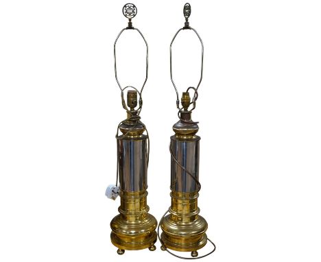 A pair of contemporary brass and chrome lamp stems, 86cm total. Condition - fair to good, not tested