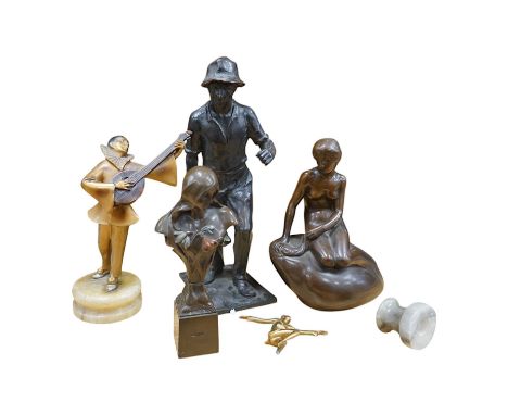 Five figural metal sculptures: a Copenhagen sculpture, signed Edvard Eriksen R.A, an Art Nouveau style bronze of a female fig