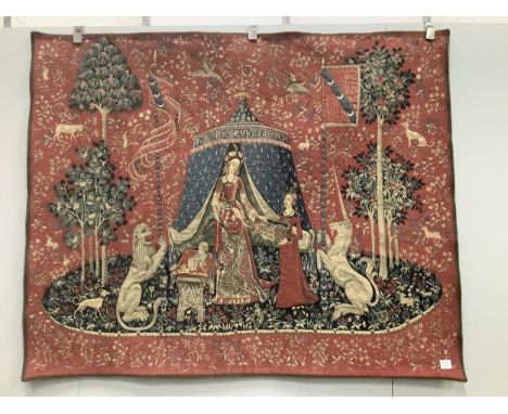 A Lady and the Unicorn hand embroidered tapestry, after the 15th century original in the Cluny Museum, width 162cm, height 13