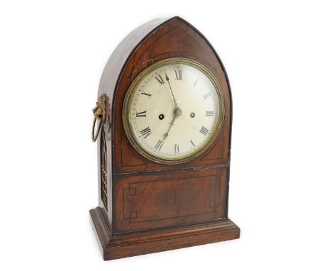 A Regency ebony strung mahogany bracket clock, lancet case and painted Roman dial, twin fusee eight day movement, 28cm wide, 