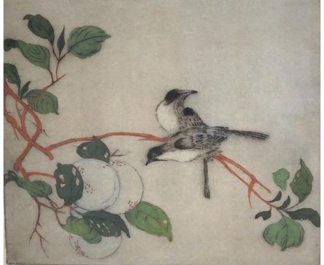 Elyse Ashe Lord (1900-1971), colour drypoint etching, birds amongst peaches, signed in ink, limited edition 5/75, 31 x 33cm. 