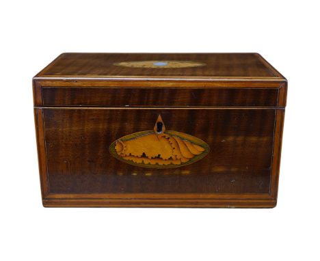 A George III inlaid tea caddy, 20cm x 11cm x 11.5cm. Condition - fair, some internal damage