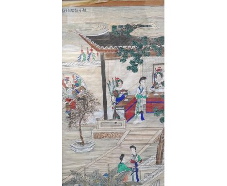 Chinese School, watercolour on silk, Attendants and figures beneath a pagoda, signed with character marks and with seal mark,