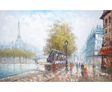 Caroline Burnett (1877-1950), impressionist oil on canvas, "Booksellers" Parisian street scene, signed, 59 x 89cm, gilt frame