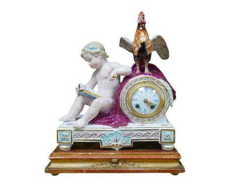 A Meissen figural mantel clock with cockerel surmount, French movement striking on a bell, 29cm high. Condition - poor Cocker