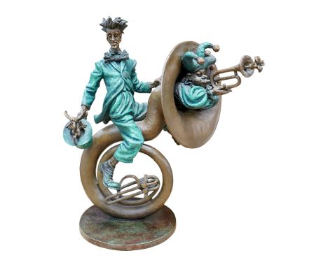 A Cirque du Soleil bronze sculpture of a clown on a sousaphone, after Sergey Bondarenko, script signature, 42cm high. Conditi