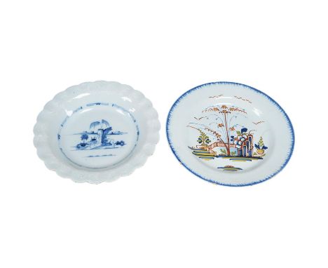 Two 18th century English delftware plates, one with bianco sopra bianco detail, 23cm diameter. Condition - fair