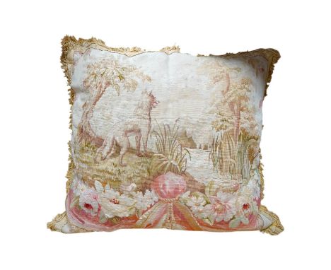 A 19th century Aubusson tapestry made into a cushion, depicting Aesops fable, “The Wolf and the Lamb”. 45cm x 42cm. Condition