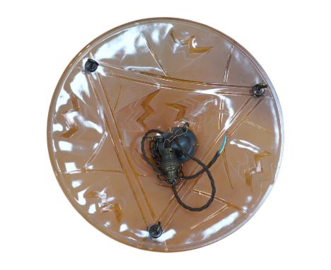 A French pink glass plaffonier ceiling lamp signed “Degue” with antique brass fitting, circa 1920’s–1930’s, wired, glass 38cm