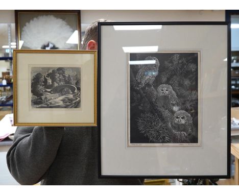 George Mackley (1900-1983) wood engraving, “Boats in a lock”, and William T Rawlinson (1912-1993), wood engraving, “Fledgling