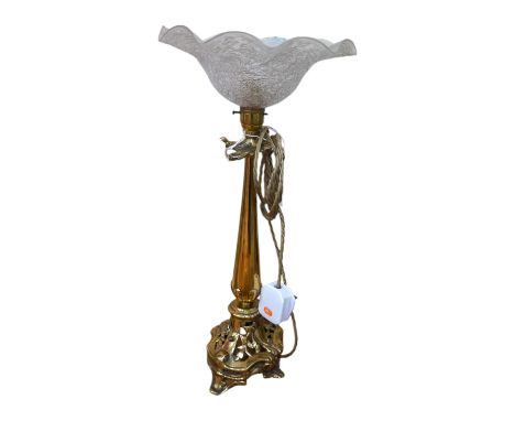 An English brass table lamp with fluted glass shade, circa 1930's, wired, 46cm high. Condition - fair to good, not tested